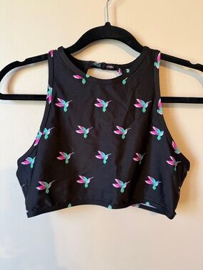Women’s Black Cropped Tank Top with Pink & Teal Hummingbird Print
